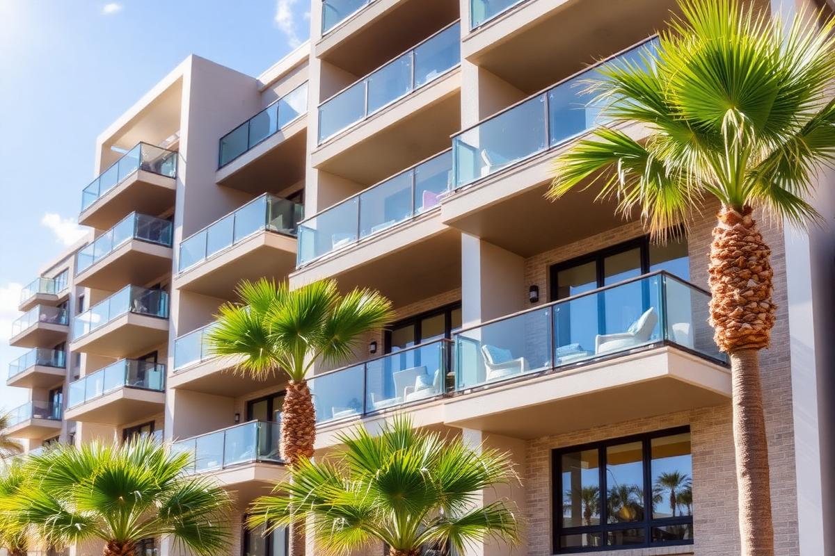 Contemporary apartment building with balconies and glass railings