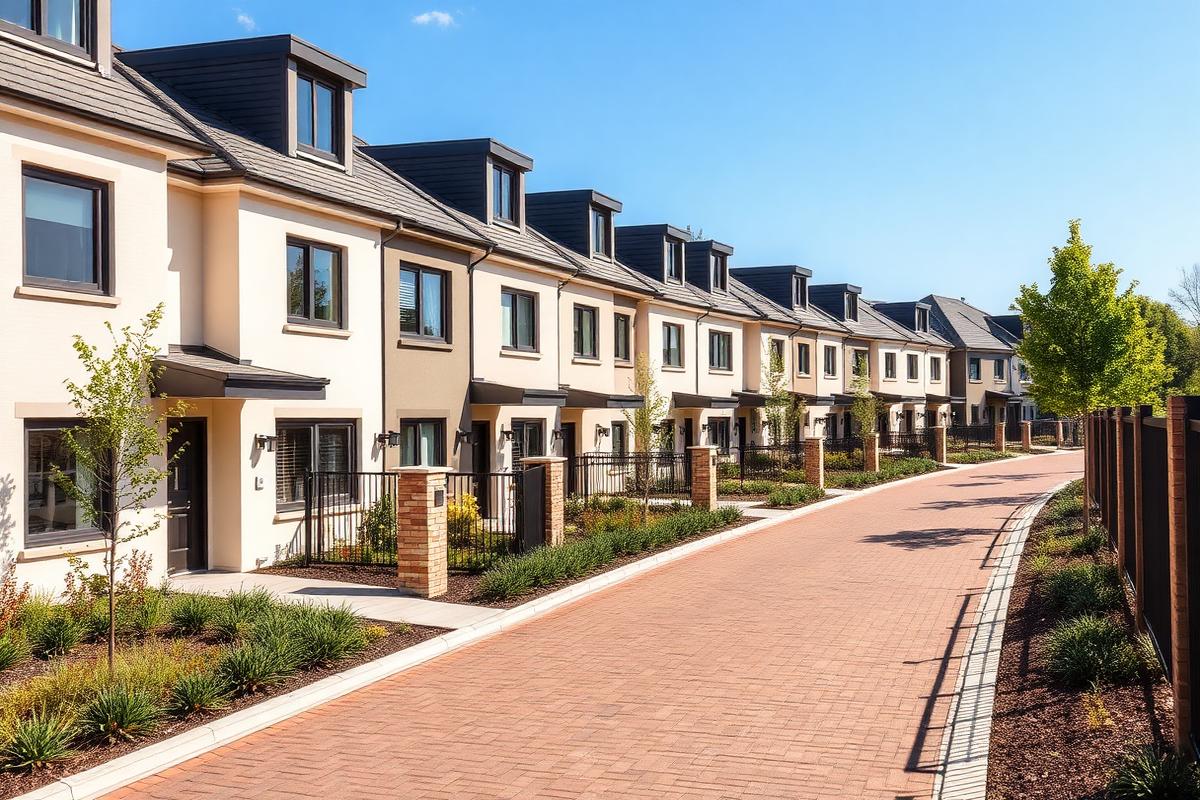 Row of modern terraced townhouses along a paved estate street